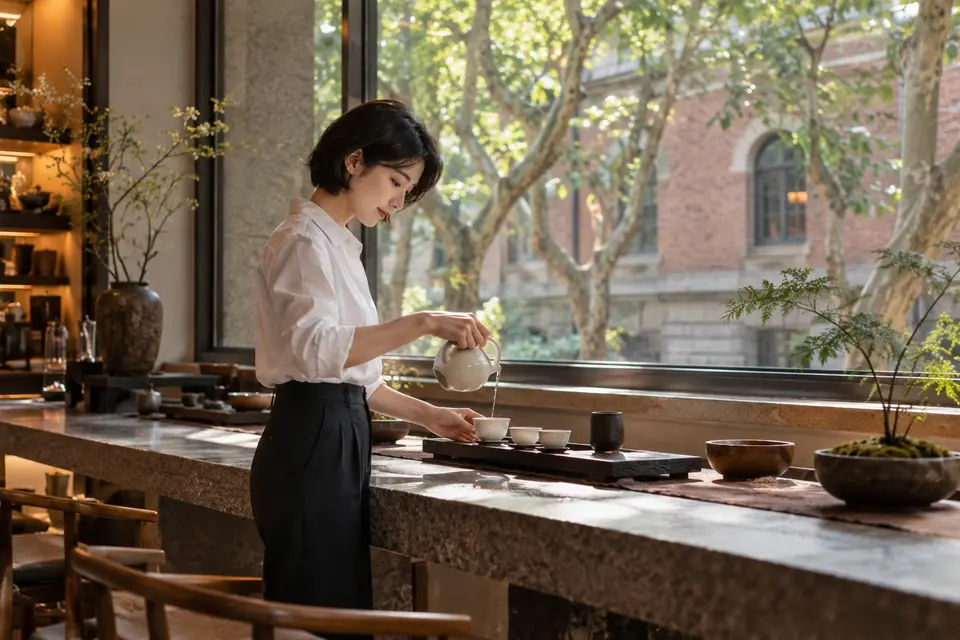 梧桐街区茶室内，白瓷杯中倒茶，桌边摆放品饮器具